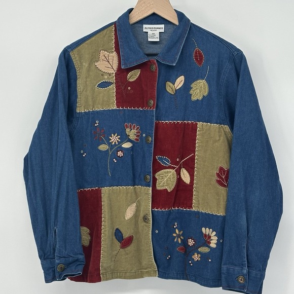 Alfred Dunner Vintage Patchwork Denim Button Up Autumn Leaf Shirt Size 10P/M - Picture 1 of 6